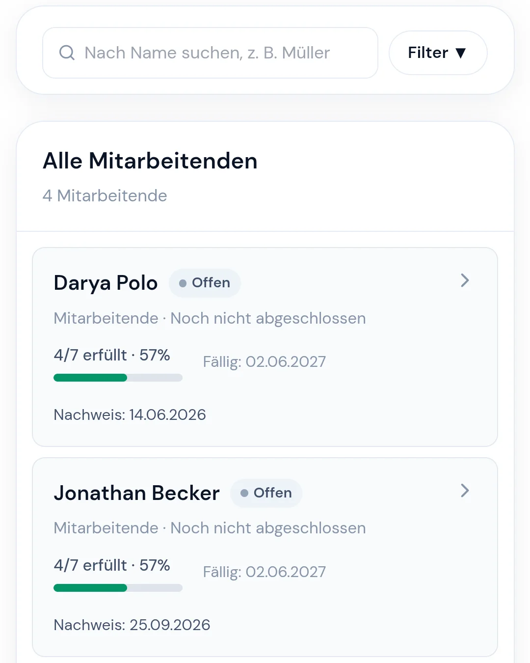 Mitarbeitendenübersicht in FitStaff: Filter und Tabelle mit Status, Fortschritt, Fälligkeit und Nachweis je Person