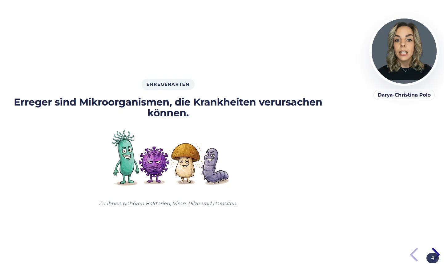 Kursfolie im FitStaff-Modul Hygiene: Erregerarten mit Illustration und Video der Gründerin Darya-Christina Polo
