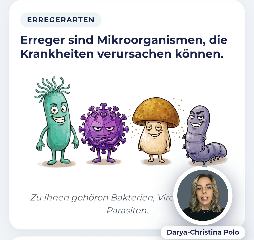 Kursfolie im FitStaff-Modul Hygiene: Erregerarten mit Illustration und Video der Gründerin Darya-Christina Polo