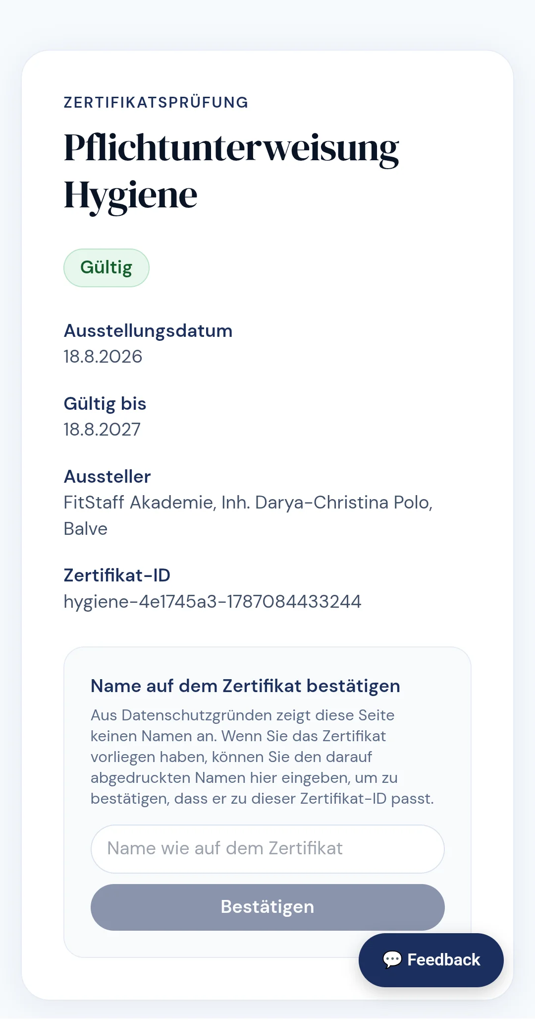 Öffentliche Zertifikatsprüfung in FitStaff am Smartphone: Status gültig, Ausstellungsdatum, Gültigkeit, Aussteller und Zertifikat-ID
