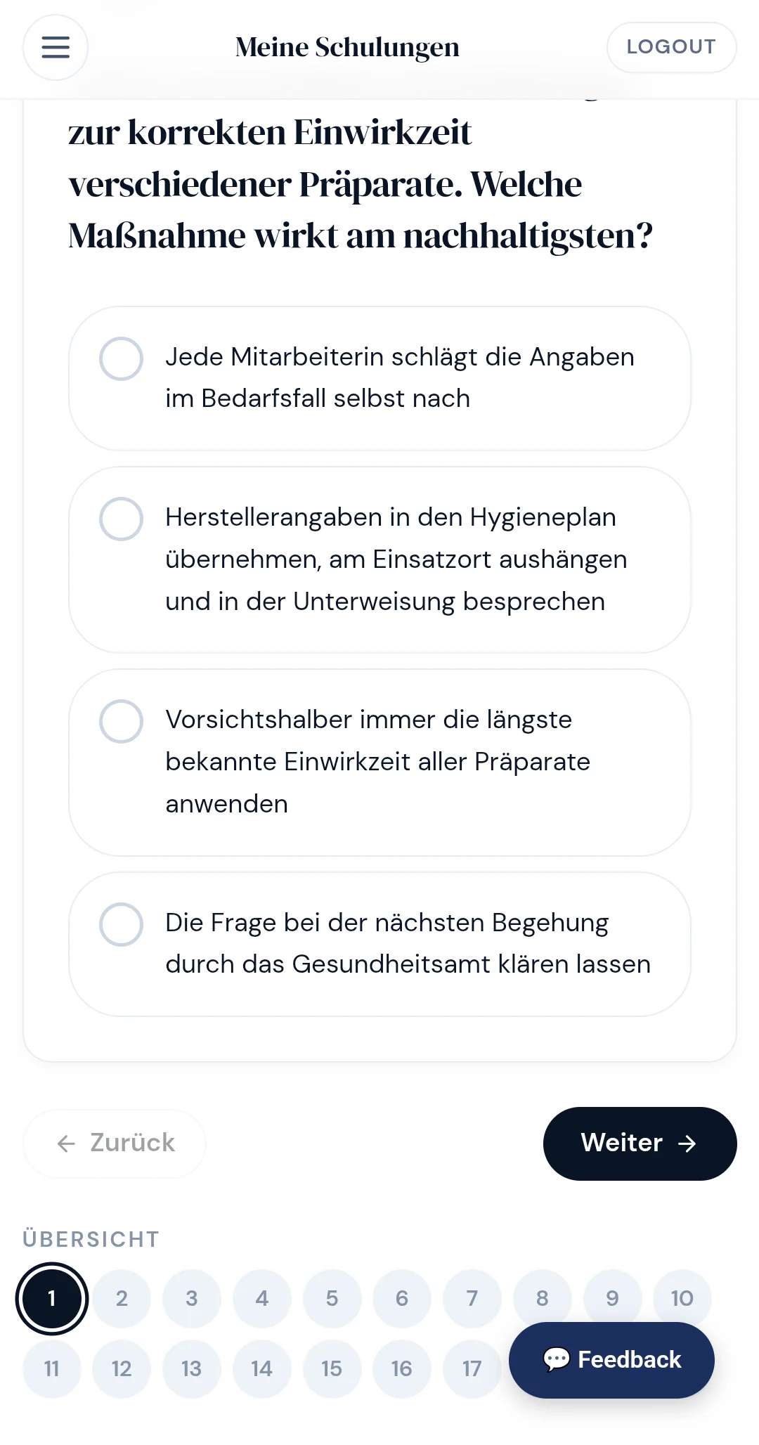 Wissenscheck in FitStaff am Smartphone: Frage mit vier Antwortoptionen
